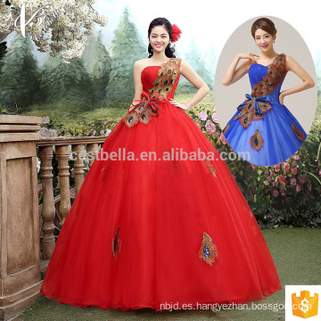 Red Lace Appliqued Strapless palabra de longitud Tulle Puffy Ball vestido de novia vestido